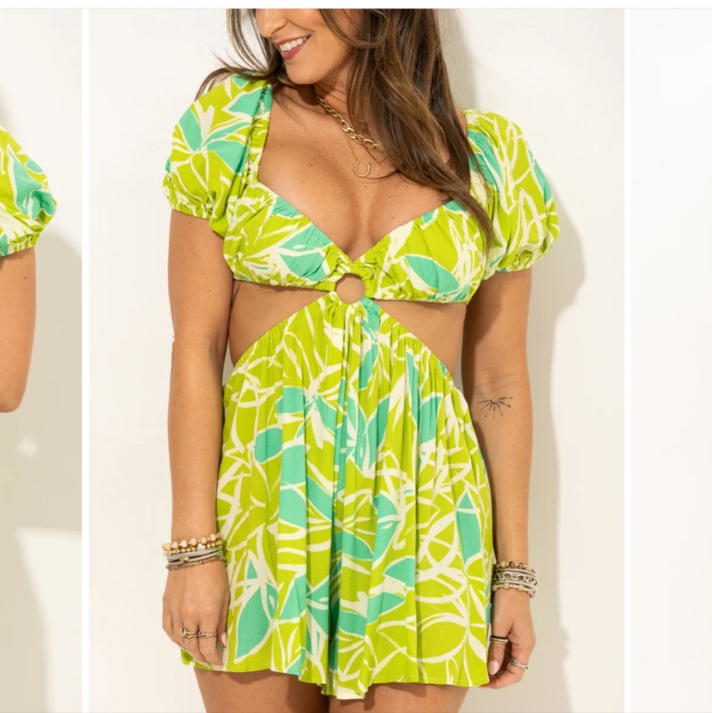NWT Lime Green Tropical Floral Romper Size medium